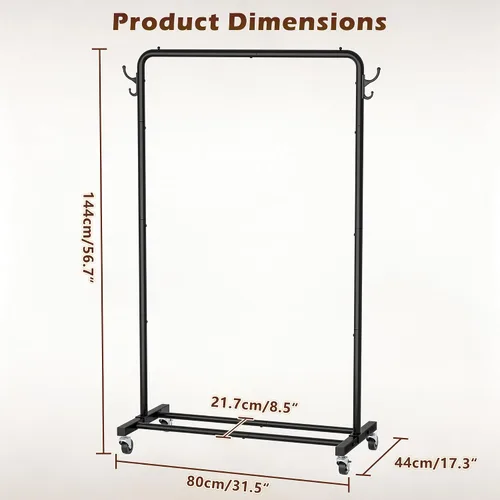 Vista 3 de HOMIDEC Clothes Rail, Metal Clothes Rack with 4 Side Hooks, Bottom Storage Shelf and Wheels, Heavy-Duty Clothing Rail Holds Up to 40kg, Clothes
