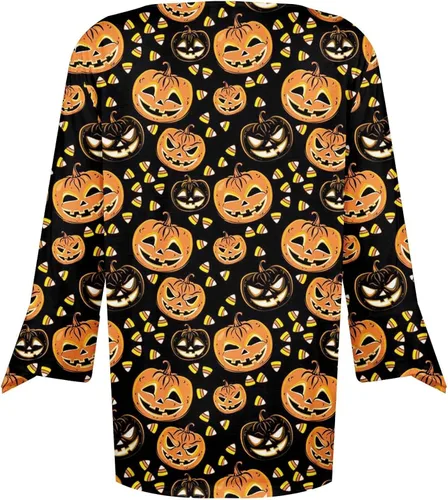 Vista 5 de Camisas de otoño con cuello en V, manga 34, trajes de otoño para mujer, 2023, festival de luz de calabaza, tops de Halloween QW072