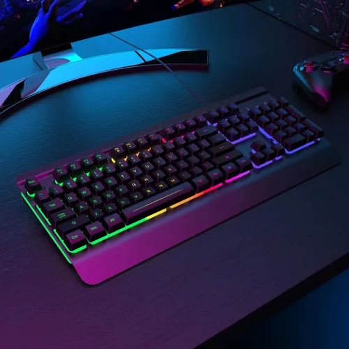 Vista 7 de RisoPhy Teclado para juegos, panel de metal de 104 teclas, teclado silencioso retroiluminado LED arco iris, reposamuñecas, teclas multimedia
