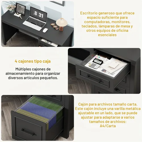 Vista 3 de Vabches Farmhouse Escritorio ejecutivo de 49 pulgadas con cajón de archivos, color negro