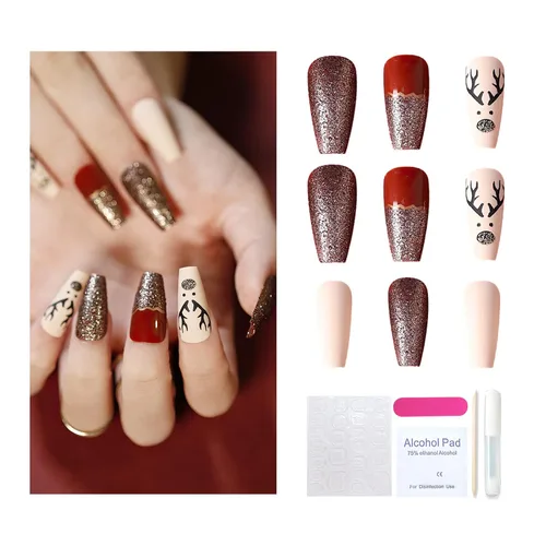 Vista 12 de Año Nuevo Navidad Prensa en Uñas Largas Ataúd Acrílico Uñas Falsas Kit Navidad Copo de Nieve Decoración de Uñas Falsas Bailarina Uñas Falsas Puntas