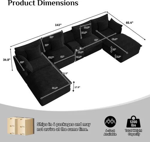 Vista 2 de Sofá modular en forma de U de 143 pulgadas para sala de estar, sofá modular de gran tamaño, sofás seccionales modernos, asiento profundo de pana