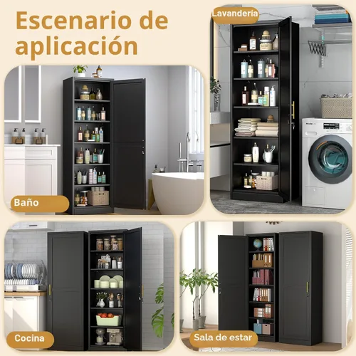 Vista 7 de Armario de almacenamiento alto y estrecho de metal con cerradura y 5 estantes ajustables, archivadores de acero, armario organizador de armario