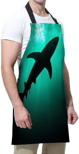 Vista 4 de Delantal de Cocina de Cocina Tiburón Marino Verde Delantal de Cocina para Hornear Chef Delantal Impermeable para Mujeres Hombres 31X27 Pulgadas