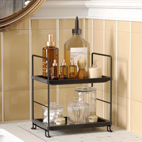Vista 5 de NLBTW Organizador de encimera de baño de 2 niveles, de plástico grueso, organizador de perfumes para el cuidado de la piel para tocador, instalación