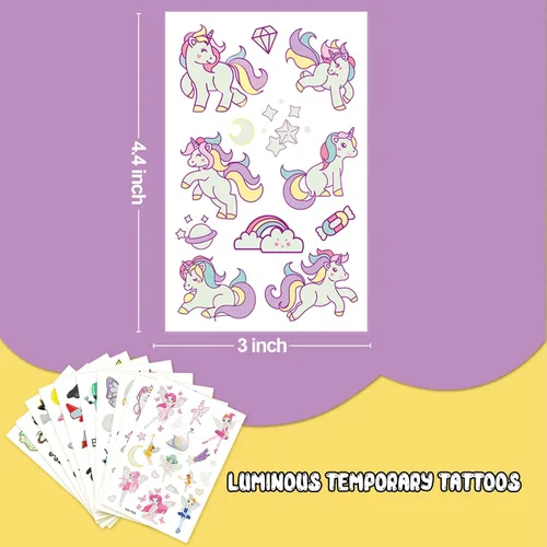 Vista 5 de Partywind - Tatuajes temporales luminosos para niños, impermeables, falsos tatuajes con unicornio dinosaurio sirena pirata construcción tema