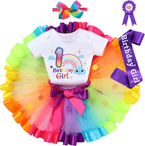 Vista 3 de IBTOM CASTLE Conjunto de falda de unicornio para bebé niña 1er 2do 3er cumpleaños, tutú arco iris, pastel de princesa, mameluco con diadema