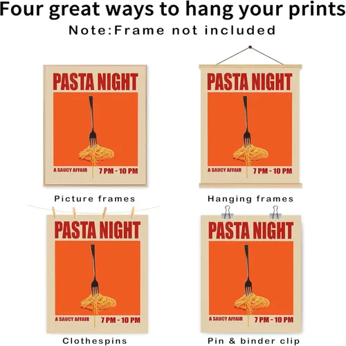 Vista 6 de Pósteres nocturnos de pasta retro, arte divertido de comida de fideos, arte de mediados de siglo, lienzo de cocina moderna de mediados de siglo