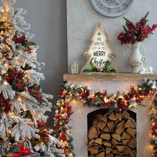 Vista 7 de Decoraciones navideñas para el hogar estilo granja, feliz árbol de Navidad con piñas, bloque decorativo de madera rústico para mesa, decoración