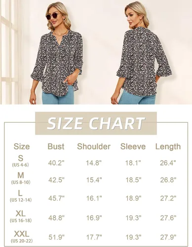 Vista 4 de Blusas de gasa para mujer, manga 34, cuello en V, plisadas, con volantes, lunares suizos, blusas de trabajo para mujer, linda camisa de verano