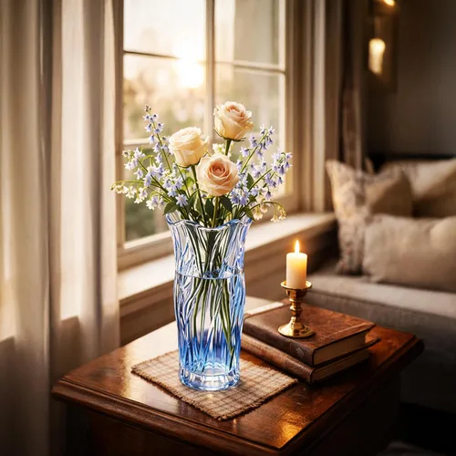 Vista 7 de Jarrón de vidrio para flores, jarrones de vidrio transparente azul para centros de mesa, jarrón de cristal para decoración de flores de mesa