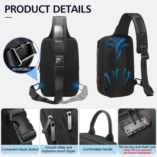 Vista 4 de Tfro & Cile Bolso bandolera para hombre, bolsos cruzados, mochilas de hombro, mochila casual, mochila de pecho negro para senderismo montar