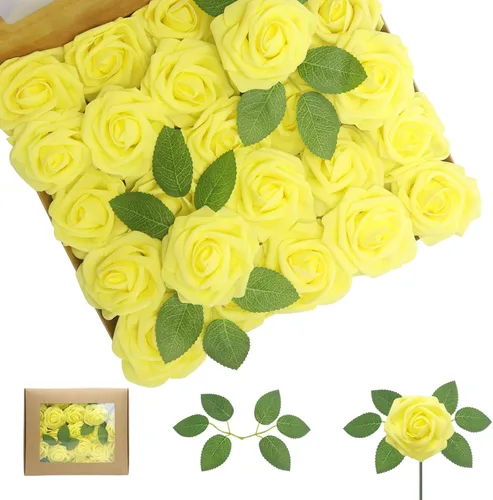 Vista 50 de 25 rosas realistas negras, flores artificiales de espuma de látex con tallos flexibles y 8 hojas para decoración de bodas, hogar y fiestas Negro