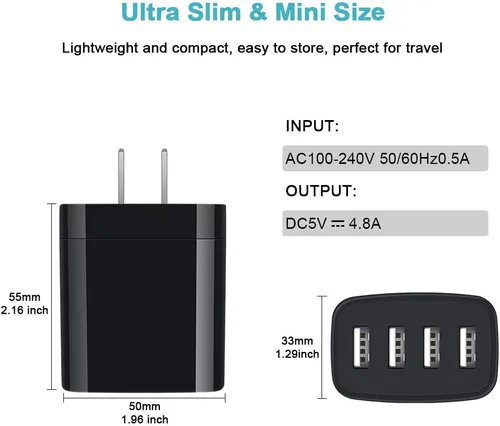 Vista 5 de Bloque de cargador USB de 4 puertos, paquete de 2 enchufes de cargador de pared con múltiples salidas USB, cubo de carga, caja de enchufe de pared