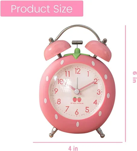 Vista 4 de Bonito reloj despertador de fresa de 4 pulgadas para personas que duermen con luz de fondo, reloj despertador de campana doble ruidosa para niños