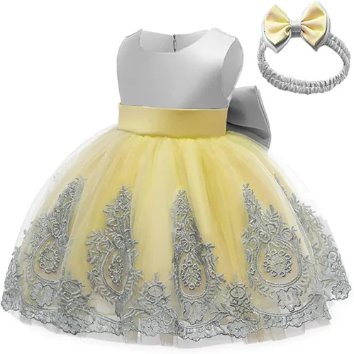 Vista 2 de HOIZOSG Vestido de encaje bordado con lazo para bebé, para cumpleaños, boda, fiesta formal, tutú con gorro