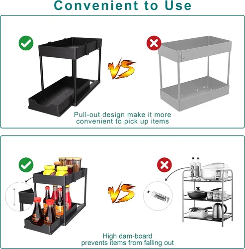 Vista 4 de MEAFBIRD Paquete de 2 organizadores para debajo del fregadero, organizador de gabinete de baño de 2 niveles con cesta deslizante, organizadores