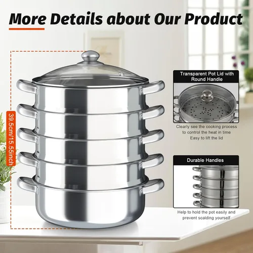 Vista 5 de Vaporizador de acero inoxidable de 5 niveles para cocinar, cajón de vapor multiusos con tapa transparente, utensilios de cocina portátiles, sartenes