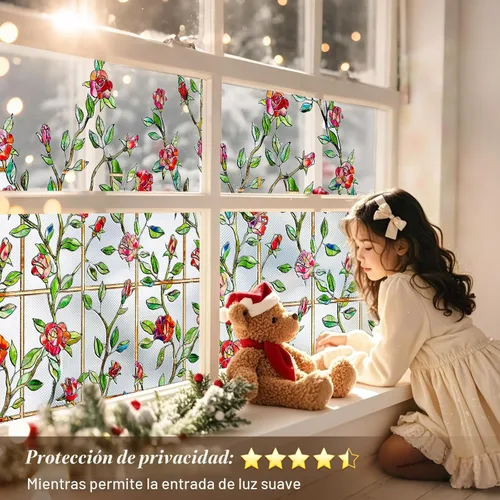 Vista 5 de Windimiley Película decorativa para ventana de vitral, 3D con diseño floral de rosas, película adhesiva estática de privacidad que difunde la luz