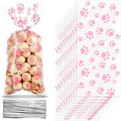 Vista 7 de Blulu 100 bolsas de golosinas para perros, recuerdos de fiesta para cachorros, bolsas de celofán con cono de pata de mascota, dulces sellables por