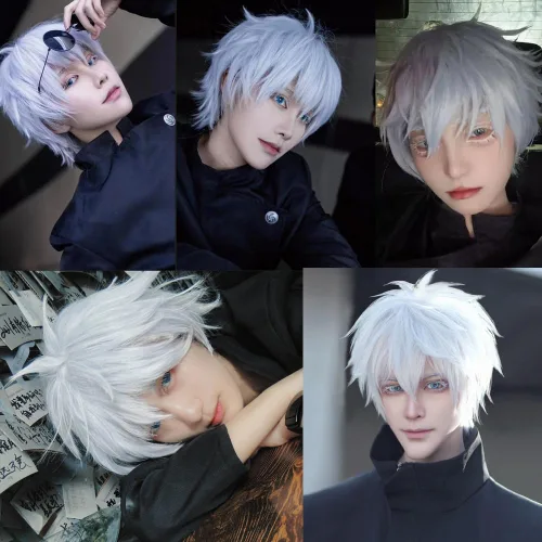 Vista 2 de COSPLAZA Cosplay peluca corta blanca plateada esponjosa masculina anime show Halloween fiesta pelucas de pelo
