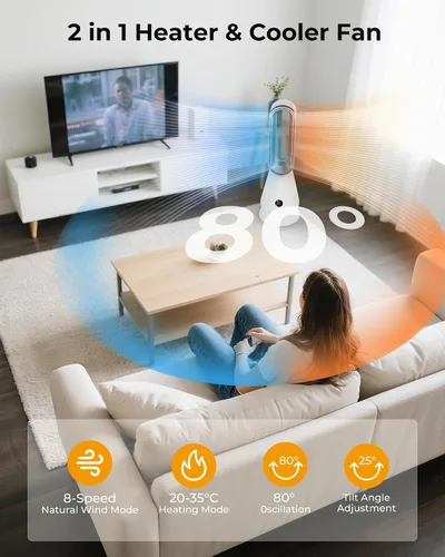 Vista 5 de Ventilador caliente y frío 2 en 1 sin aspas, calentador de espacio silencioso de 1600 W con control remoto, 8 velocidades, oscilación de 80°