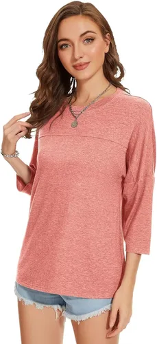 Vista 123 de ZENNILO Camisetas casuales de manga 3/4 para mujer, holgadas, cuello redondo, lindas camisetas básicas