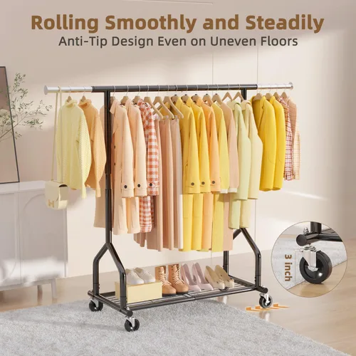 Vista 5 de EAGMAK Perchero de ropa resistente con capacidad de carga de 192 kg, perchero enrollable con estantes, colgador de ropa ajustable de metal
