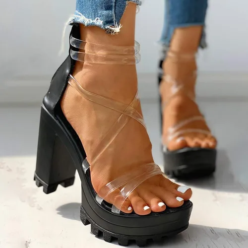 Vista 3 de AIHOU Sandalias para mujer, transparentes, con tiras gruesas, de tacón alto, casual, con cremallera, correa al tobillo, playa, sexy, para mujer
