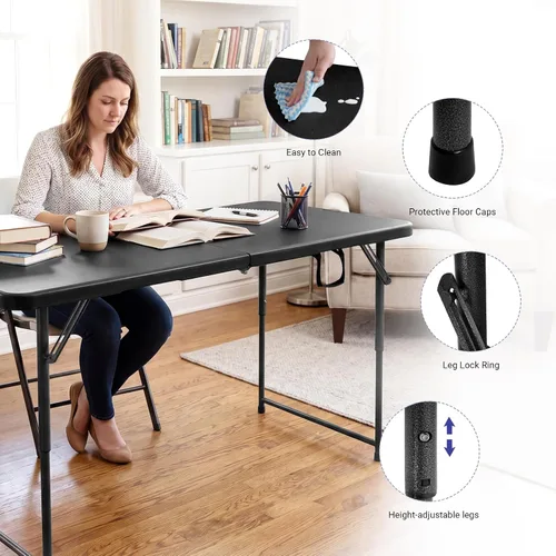Vista 4 de Byliable Mesa plegable de 4 pies, mesa plegable de plástico portátil resistente de 4 pies con asa de transporte para interiores y exteriores