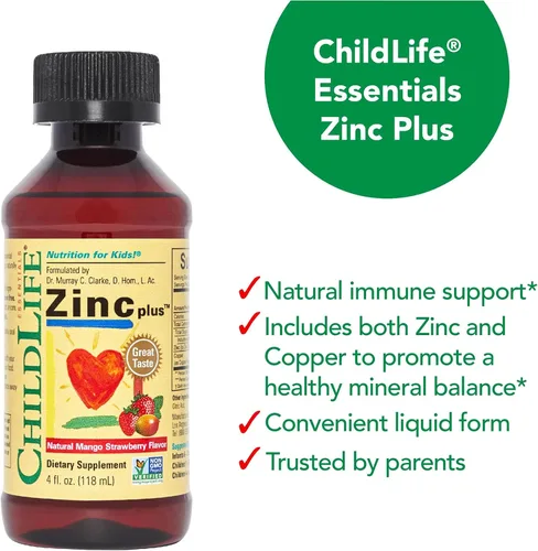 Vista 6 de ChildLife Essentials Liquid Zinc Plus para niños y niños pequeños, suplemento líquido, gluconato de zinc y cobre para apoyo inmunológico, minerales