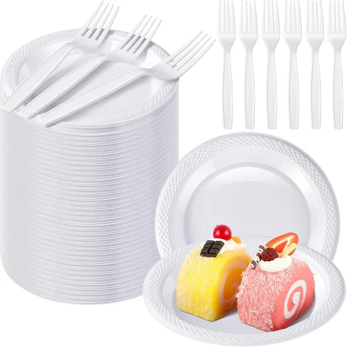 Vista 8 de Hushee 600 platos de postre de plástico negro de 6 pulgadas con tenedores de 7 pulgadas para aperitivo de pastel, 300 platos pequeños desechables