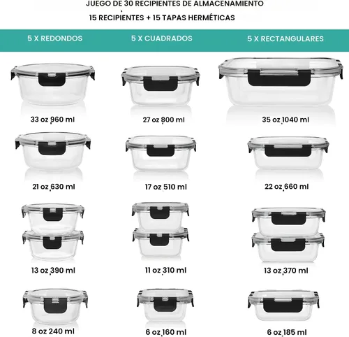 Vista 2 de Razab 30 unidades de recipientes de vidrio para almacenamiento de alimentos con tapas - Recipientes reutilizables de vidrio para preparación