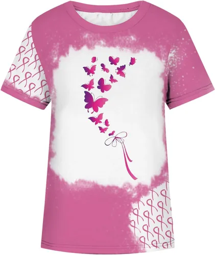 Vista 3 de Womens Breast Cancer Awareness Shirt Pink Ribbon Butterfly T Shirt Motivational Short Sleeve Tops Tee Shirts