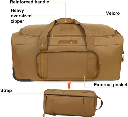 Vista 4 de Bolsa de despliegue militar con ruedas tácticas de camuflaje resistente, Coyote, L, Equipaje y equipo de viaje