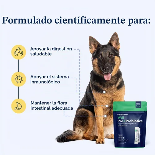 Vista 2 de Honest Paws - Probióticos para Perros - Polvo de Apoyo Digestivo e Inmunológico con Prebiótico Hecho en EE. UU., Sabor a Pollo (30 Sticks)