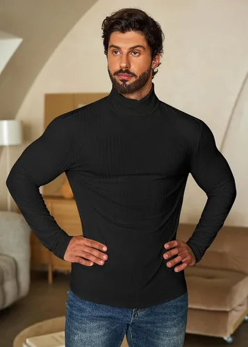 Vista 7 de COOFANDY Camisetas de manga larga con cuello alto para hombre, ajustadas, acanaladas, básicas, suéter de punto ligero