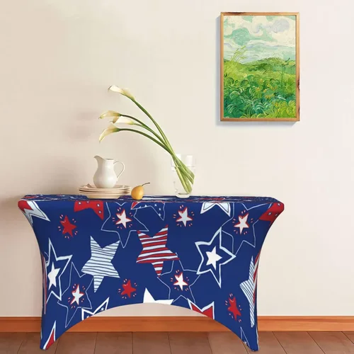 Vista 2 de Mantel rectangular ajustable de elastano elástico con estrellas patrióticas americanas de 4 pies, protector de mesa para fiestas, eventos