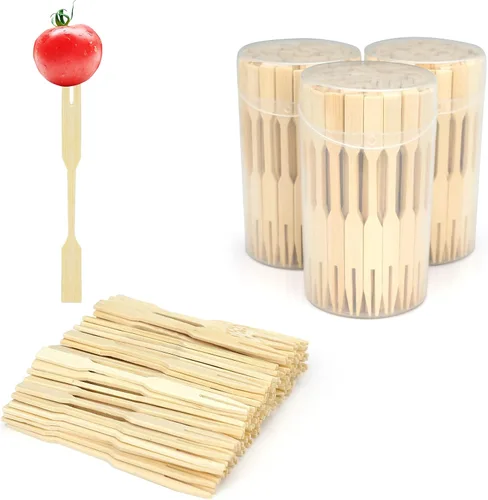 Vista 8 de Mini tenedores de bambú de 3.5 pulgadas, tenedores pequeños para postre, tenedores de cóctel, palillos de dientes de doble punta para aperitivo