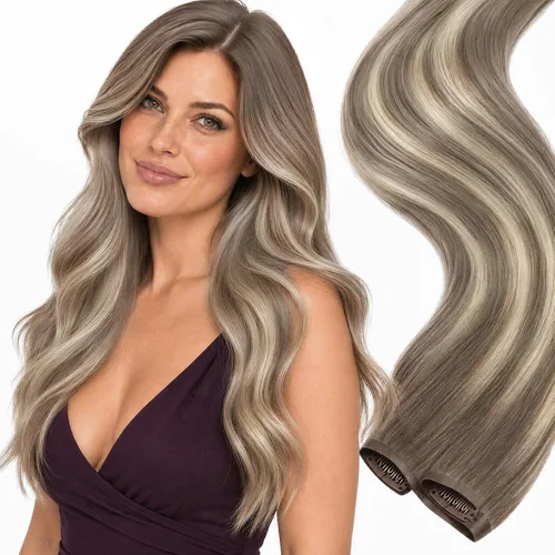 Vista 48 de Ve Sunny Extensiones de cabello humano real con clip balayage, color marrón castaño degradado a rubio, 12 pulgadas, 5 unidades, 2.82 onzas