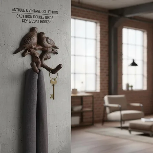 Vista 5 de Comfy Hour Ganchos para abrigos de pájaro de 5.4 pulgadas, montaje de pared doble de hierro fundido Soporte para llaves de pájaro, marrón antiguo