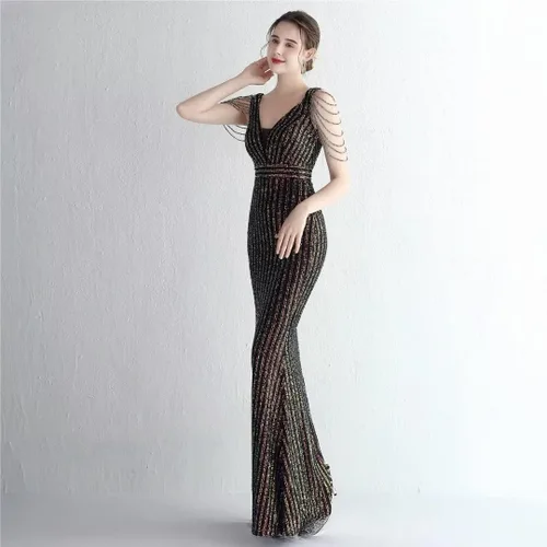 Vista 4 de Mordarli Vestidos de fiesta con lentejuelas en la espalda para mujer, con abertura, vestidos formales largos, vestidos de noche de espaguetis