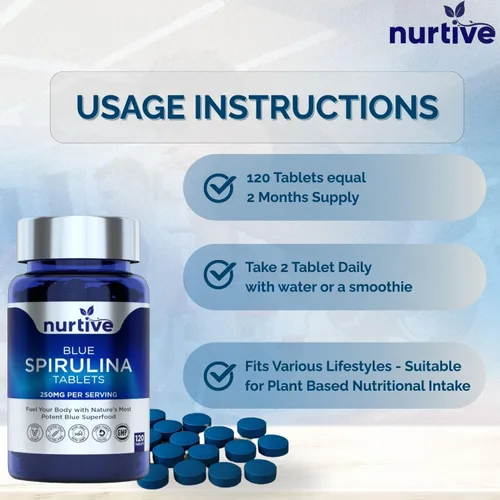 Vista 3 de Tabletas de espirulina azul – 250 mg por porción diaria, superalimento de ficocianina, 120 tabletas, 2 tabletas por día – Suministro de 2 meses