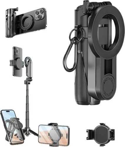 Vista 8 de Palo selfie magnético multifuncional 4 en 1 con rotación de 360° para iPhone/Android, trípode extensible portátil con control remoto desmontable