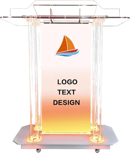 Vista 9 de Púlpito de Iglesia Personalizable con Logo y Texto, Atril con Soporte, Podium Transparente de Acrílico LED con Ruedas y Plataforma de Lectura