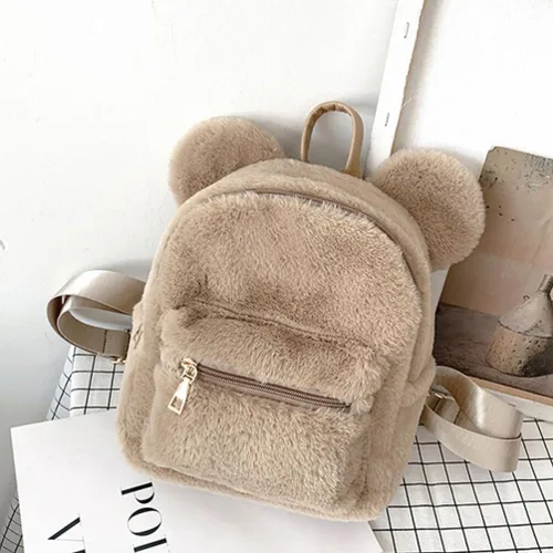 Vista 7 de Sosoport Linda mochila de oso mullido con orejas de oso, mochila kawaii suave y esponjosa, casual, mini bolsa de hombro para niñas, Marrón