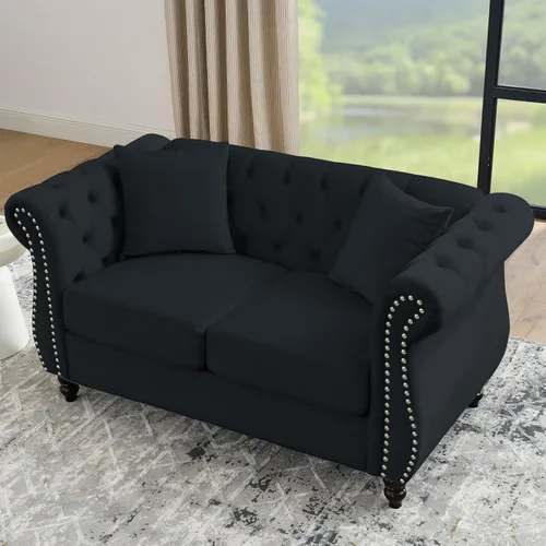 Vista 9 de Sofá Chesterfield de terciopelo beige de 80 pulgadas para sala de estar, 2 piezas, sofá de 3 plazas, con botones copetudos, respaldo curvado, brazos