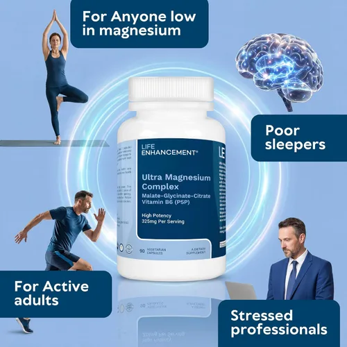 Vista 6 de Life Enhancement Complejo de magnesio ultra triple – 325 mg – con B6, glicinato, malato y citrato – Suplemento de magnesio mejora el sueño
