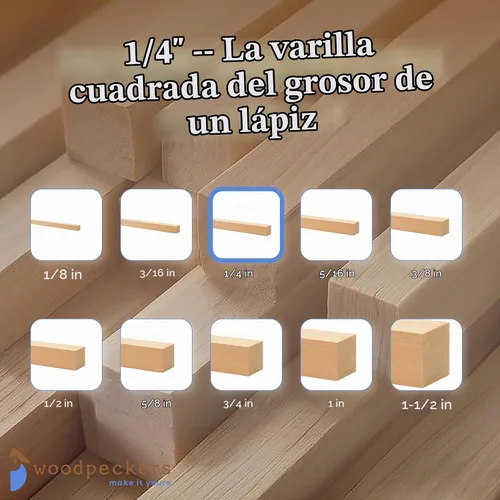 Vista 6 de Varilla cuadrada de madera para manualidades, 1/4 pulgadas x 12 unidades, 10 palos de madera para manualidades, adornos de madera y fabricación