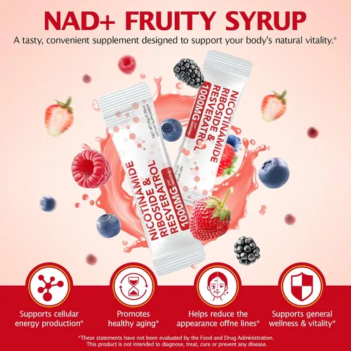 Vista 2 de Suplemento NAD+ 1000 mg paquetes líquidos 21 piezas, resveratrol de ribósido de nicotinamida, suplementos NAD para mujeres y hombres